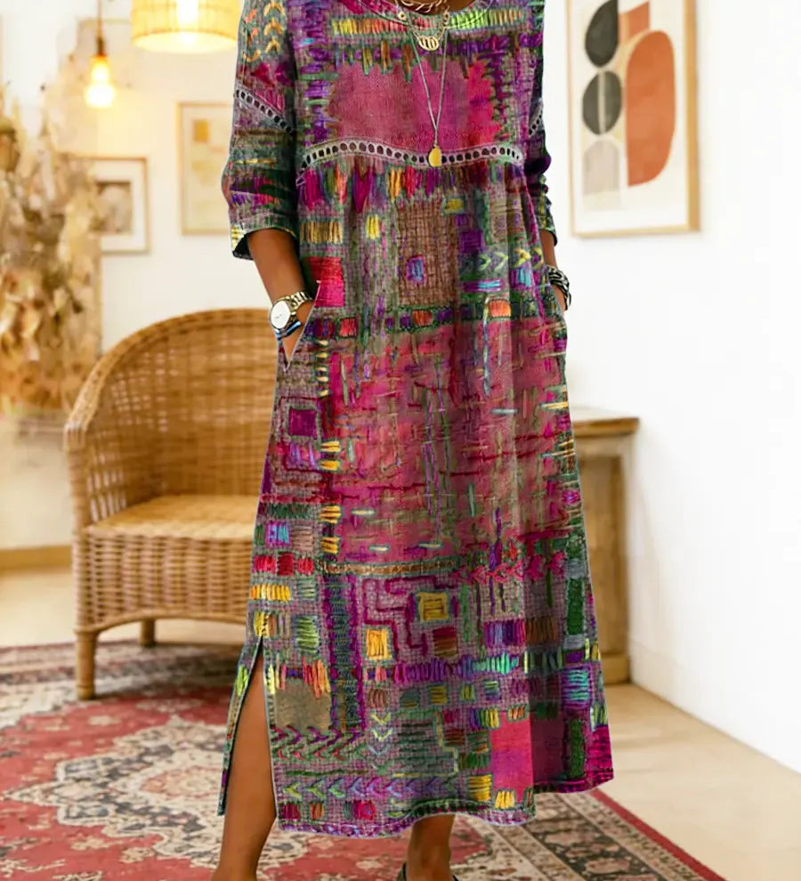 Eglė - Džinsinė suknelė su etniniu patchwork raštu
