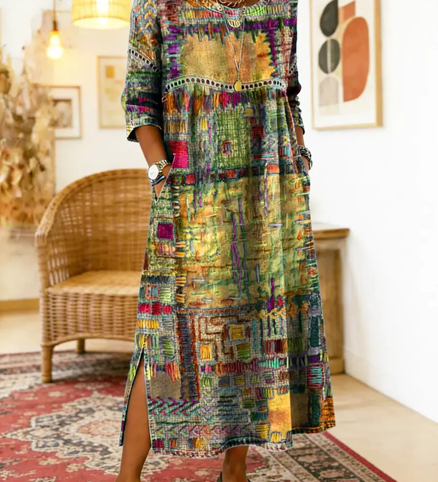 Eglė - Džinsinė suknelė su etniniu patchwork raštu