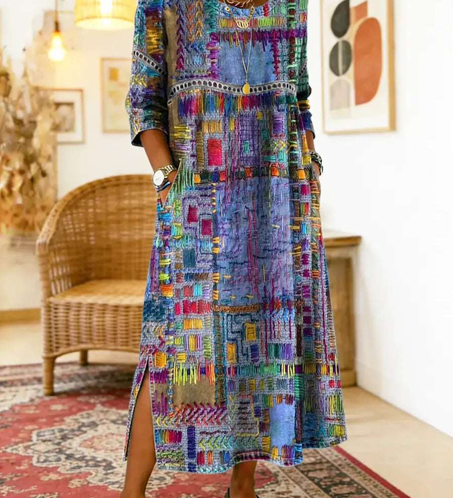 Eglė - Džinsinė suknelė su etniniu patchwork raštu